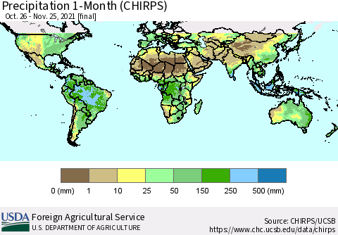 World Precipitation 1-Month (CHIRPS) Thematic Map For 10/26/2021 - 11/25/2021