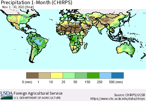 World Precipitation 1-Month (CHIRPS) Thematic Map For 11/1/2021 - 11/30/2021