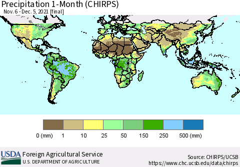 World Precipitation 1-Month (CHIRPS) Thematic Map For 11/6/2021 - 12/5/2021