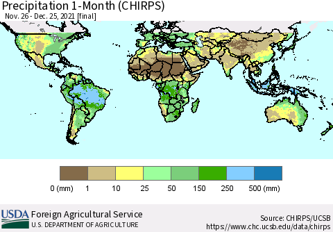 World Precipitation 1-Month (CHIRPS) Thematic Map For 11/26/2021 - 12/25/2021