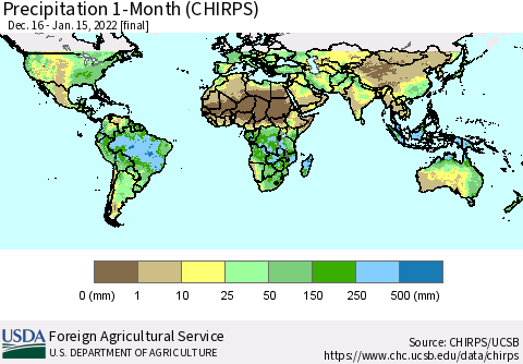 World Precipitation 1-Month (CHIRPS) Thematic Map For 12/16/2021 - 1/15/2022