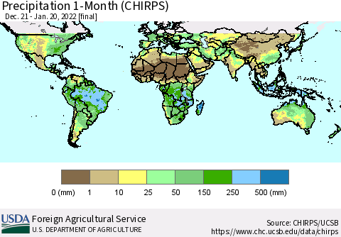 World Precipitation 1-Month (CHIRPS) Thematic Map For 12/21/2021 - 1/20/2022