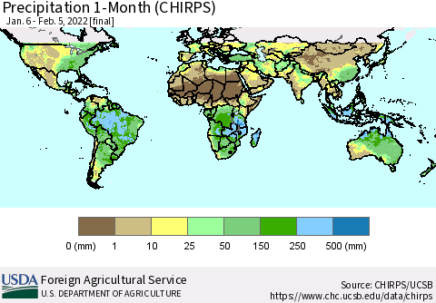 World Precipitation 1-Month (CHIRPS) Thematic Map For 1/6/2022 - 2/5/2022