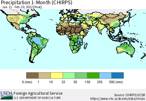 World Precipitation 1-Month (CHIRPS) Thematic Map For 1/11/2022 - 2/10/2022