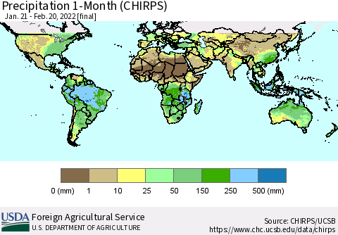 World Precipitation 1-Month (CHIRPS) Thematic Map For 1/21/2022 - 2/20/2022