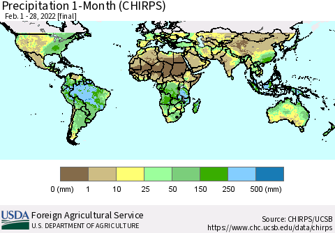 World Precipitation 1-Month (CHIRPS) Thematic Map For 2/1/2022 - 2/28/2022
