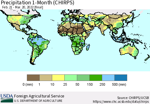 World Precipitation 1-Month (CHIRPS) Thematic Map For 2/21/2022 - 3/20/2022