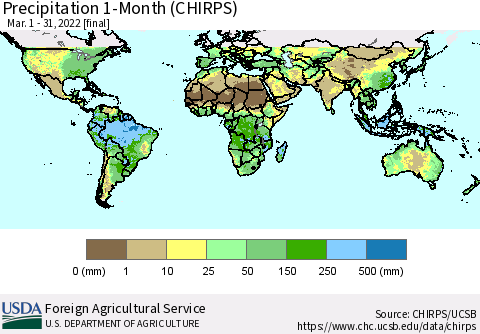 World Precipitation 1-Month (CHIRPS) Thematic Map For 3/1/2022 - 3/31/2022