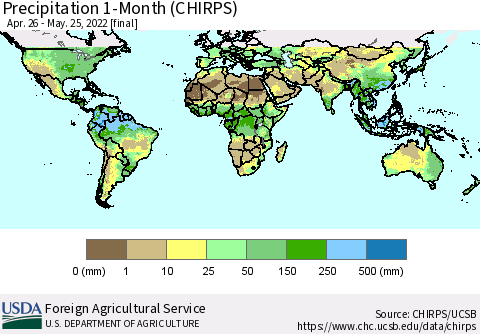 World Precipitation 1-Month (CHIRPS) Thematic Map For 4/26/2022 - 5/25/2022