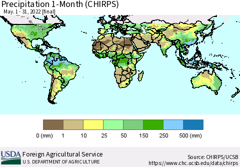 World Precipitation 1-Month (CHIRPS) Thematic Map For 5/1/2022 - 5/31/2022