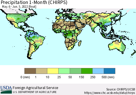World Precipitation 1-Month (CHIRPS) Thematic Map For 5/6/2022 - 6/5/2022
