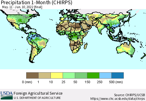World Precipitation 1-Month (CHIRPS) Thematic Map For 5/11/2022 - 6/10/2022