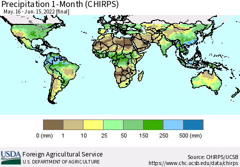 World Precipitation 1-Month (CHIRPS) Thematic Map For 5/16/2022 - 6/15/2022