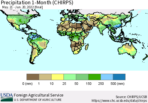 World Precipitation 1-Month (CHIRPS) Thematic Map For 5/21/2022 - 6/20/2022