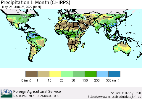 World Precipitation 1-Month (CHIRPS) Thematic Map For 5/26/2022 - 6/25/2022