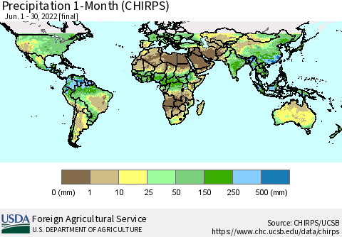 World Precipitation 1-Month (CHIRPS) Thematic Map For 6/1/2022 - 6/30/2022