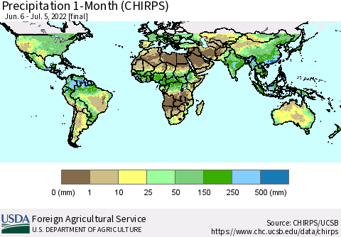 World Precipitation 1-Month (CHIRPS) Thematic Map For 6/6/2022 - 7/5/2022
