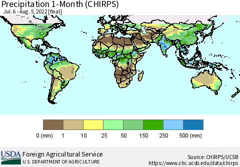 World Precipitation 1-Month (CHIRPS) Thematic Map For 7/6/2022 - 8/5/2022