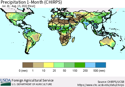 World Precipitation 1-Month (CHIRPS) Thematic Map For 7/16/2022 - 8/15/2022