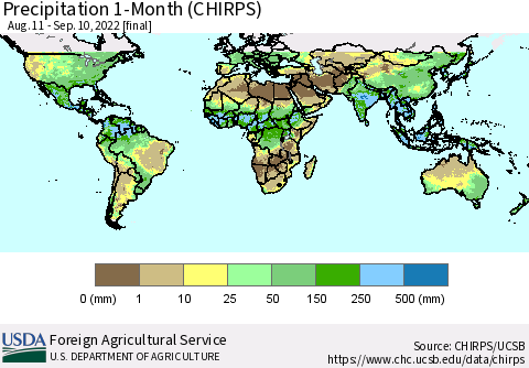 World Precipitation 1-Month (CHIRPS) Thematic Map For 8/11/2022 - 9/10/2022