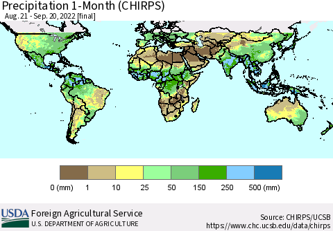 World Precipitation 1-Month (CHIRPS) Thematic Map For 8/21/2022 - 9/20/2022