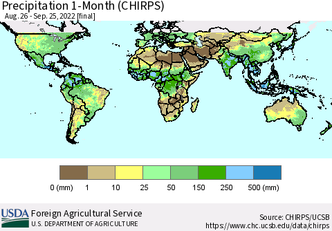 World Precipitation 1-Month (CHIRPS) Thematic Map For 8/26/2022 - 9/25/2022