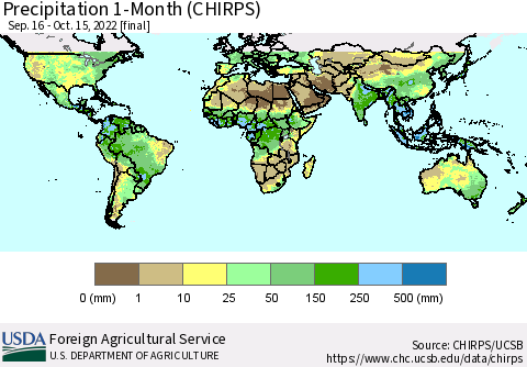World Precipitation 1-Month (CHIRPS) Thematic Map For 9/16/2022 - 10/15/2022