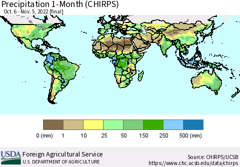 World Precipitation 1-Month (CHIRPS) Thematic Map For 10/6/2022 - 11/5/2022