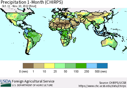 World Precipitation 1-Month (CHIRPS) Thematic Map For 10/11/2022 - 11/10/2022