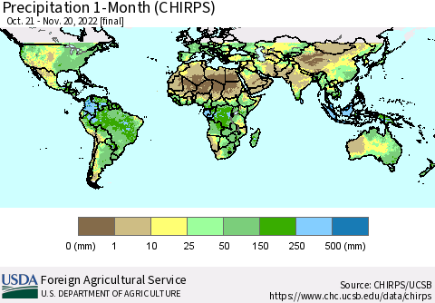 World Precipitation 1-Month (CHIRPS) Thematic Map For 10/21/2022 - 11/20/2022