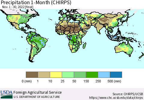 World Precipitation 1-Month (CHIRPS) Thematic Map For 11/1/2022 - 11/30/2022