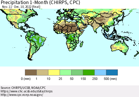 World Precipitation 1-Month (CHIRPS) Thematic Map For 11/11/2022 - 12/10/2022