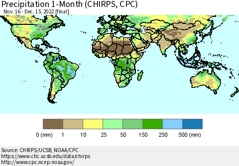 World Precipitation 1-Month (CHIRPS) Thematic Map For 11/16/2022 - 12/15/2022