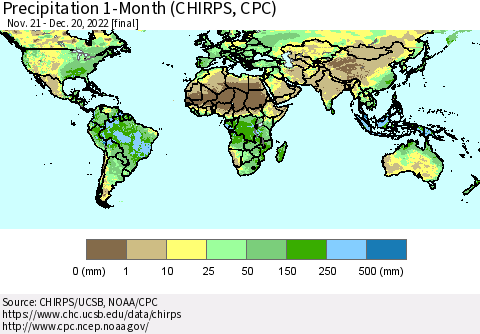 World Precipitation 1-Month (CHIRPS) Thematic Map For 11/21/2022 - 12/20/2022