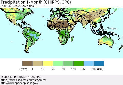 World Precipitation 1-Month (CHIRPS) Thematic Map For 11/26/2022 - 12/25/2022