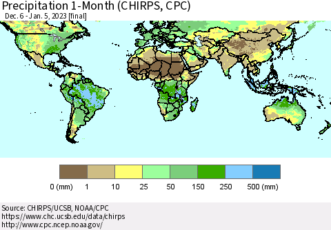 World Precipitation 1-Month (CHIRPS) Thematic Map For 12/6/2022 - 1/5/2023