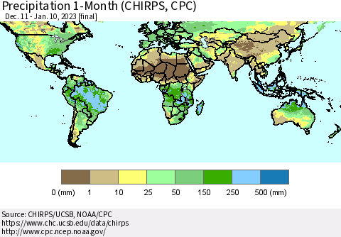 World Precipitation 1-Month (CHIRPS) Thematic Map For 12/11/2022 - 1/10/2023