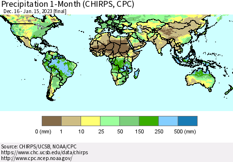 World Precipitation 1-Month (CHIRPS) Thematic Map For 12/16/2022 - 1/15/2023