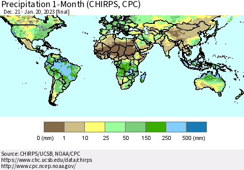 World Precipitation 1-Month (CHIRPS) Thematic Map For 12/21/2022 - 1/20/2023