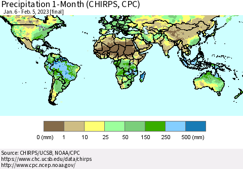 World Precipitation 1-Month (CHIRPS) Thematic Map For 1/6/2023 - 2/5/2023