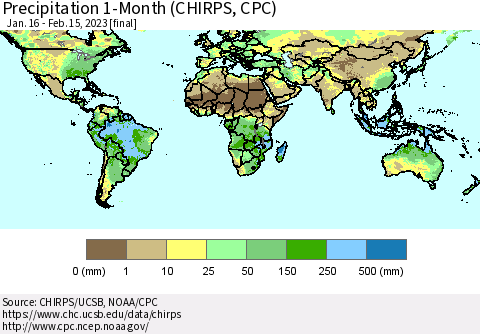 World Precipitation 1-Month (CHIRPS) Thematic Map For 1/16/2023 - 2/15/2023