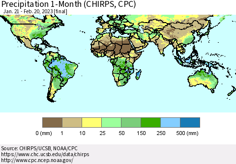 World Precipitation 1-Month (CHIRPS) Thematic Map For 1/21/2023 - 2/20/2023