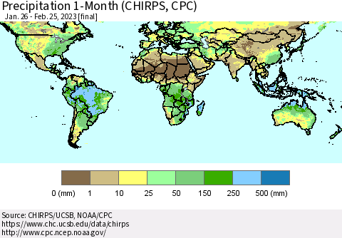 World Precipitation 1-Month (CHIRPS) Thematic Map For 1/26/2023 - 2/25/2023