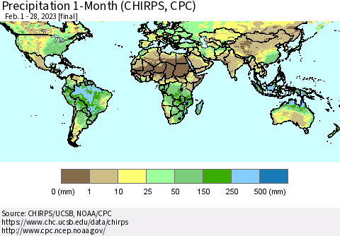 World Precipitation 1-Month (CHIRPS) Thematic Map For 2/1/2023 - 2/28/2023
