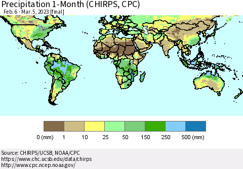 World Precipitation 1-Month (CHIRPS) Thematic Map For 2/6/2023 - 3/5/2023