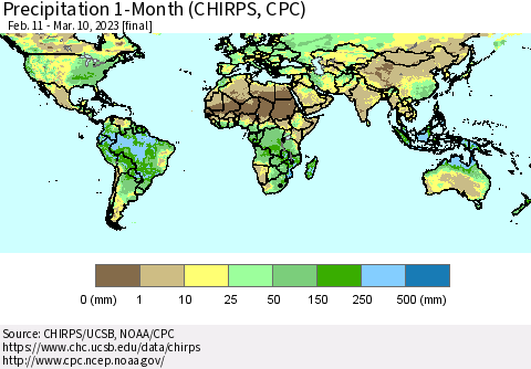 World Precipitation 1-Month (CHIRPS) Thematic Map For 2/11/2023 - 3/10/2023