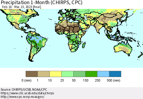 World Precipitation 1-Month (CHIRPS) Thematic Map For 2/16/2023 - 3/15/2023