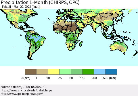 World Precipitation 1-Month (CHIRPS) Thematic Map For 2/21/2023 - 3/20/2023