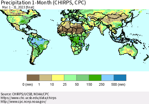 World Precipitation 1-Month (CHIRPS) Thematic Map For 3/1/2023 - 3/31/2023