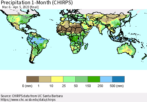 World Precipitation 1-Month (CHIRPS) Thematic Map For 3/6/2023 - 4/5/2023